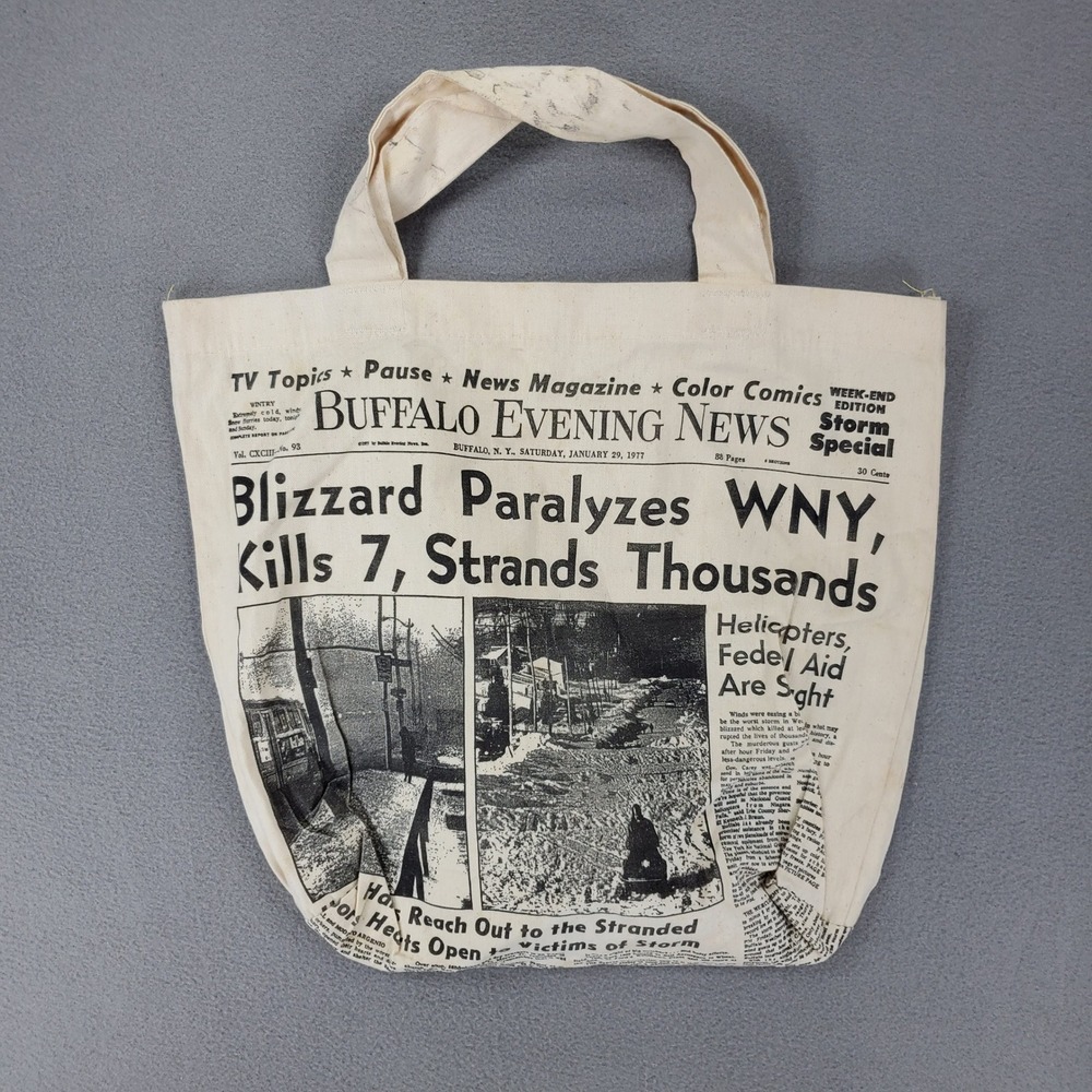 Buffalo Evening News Tote Bag Cream Newspaper Print 1977 Blizzard Vintage